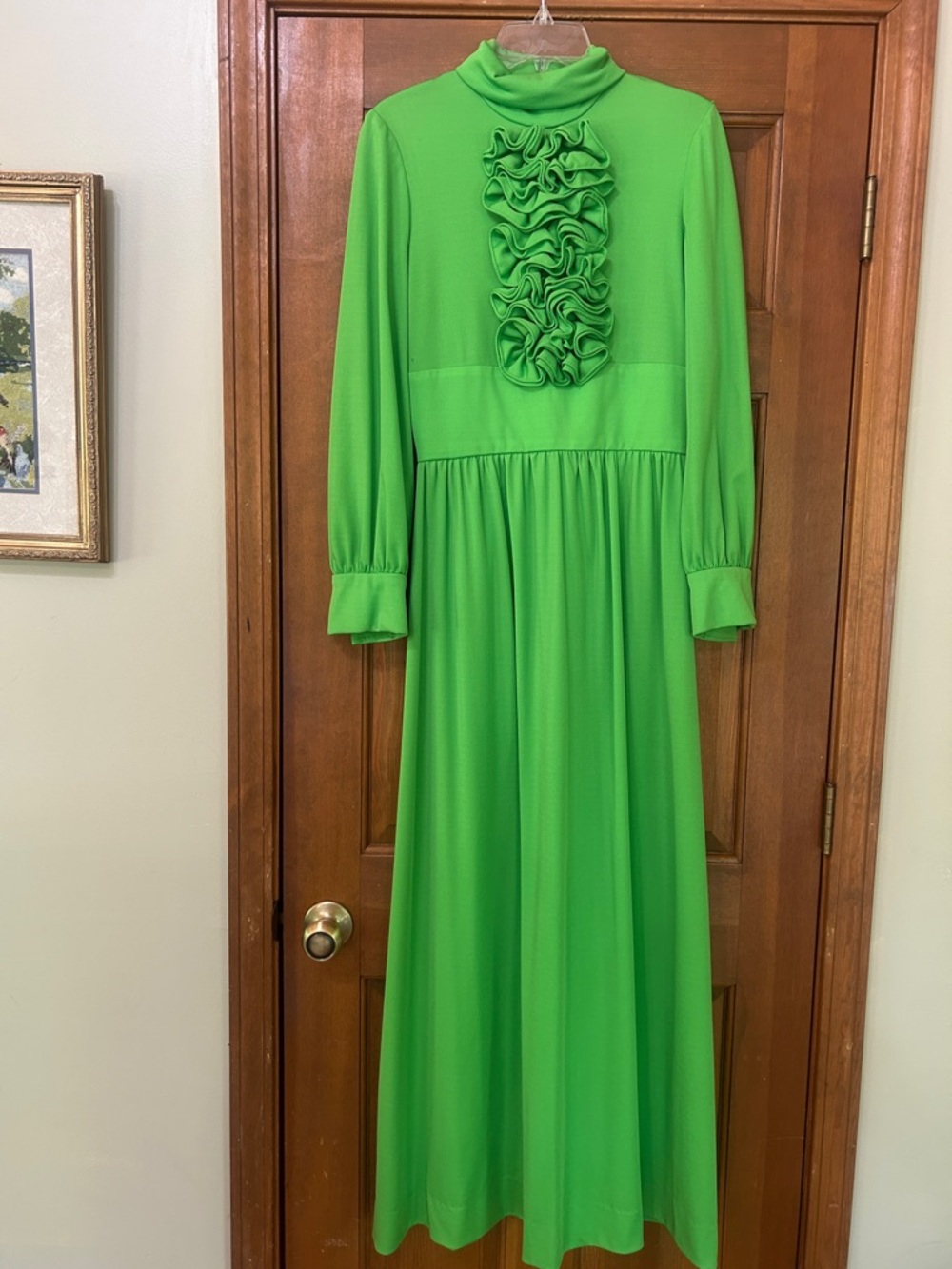 Vintage 70s Victor Costa Romantica Pistachio Green Prairie Maxi Dress High Neck